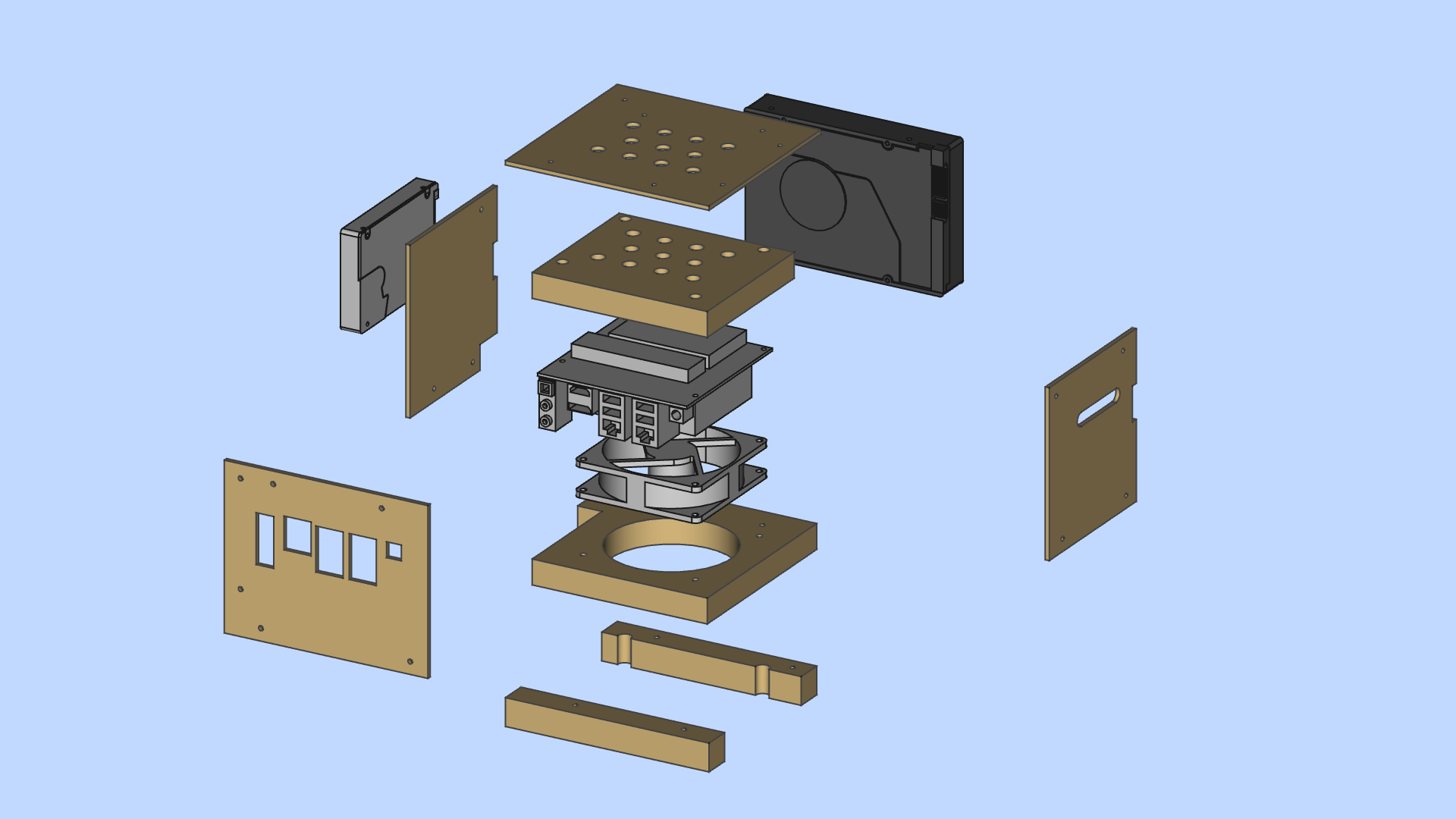 Exploded view of the wooden case